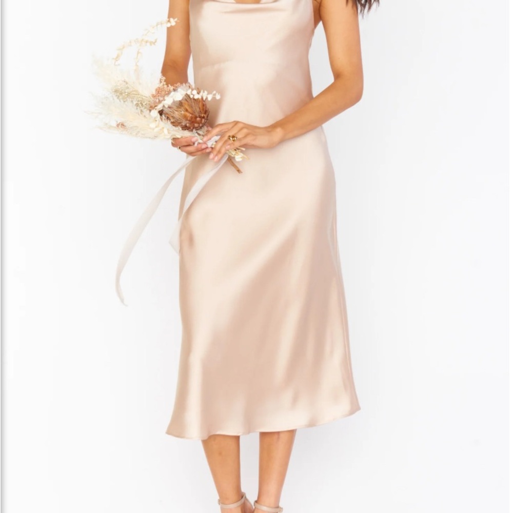 Show Me Your Mumu Bridesmaid Dress, Verona cowl dress in Champagne Luxe Satin